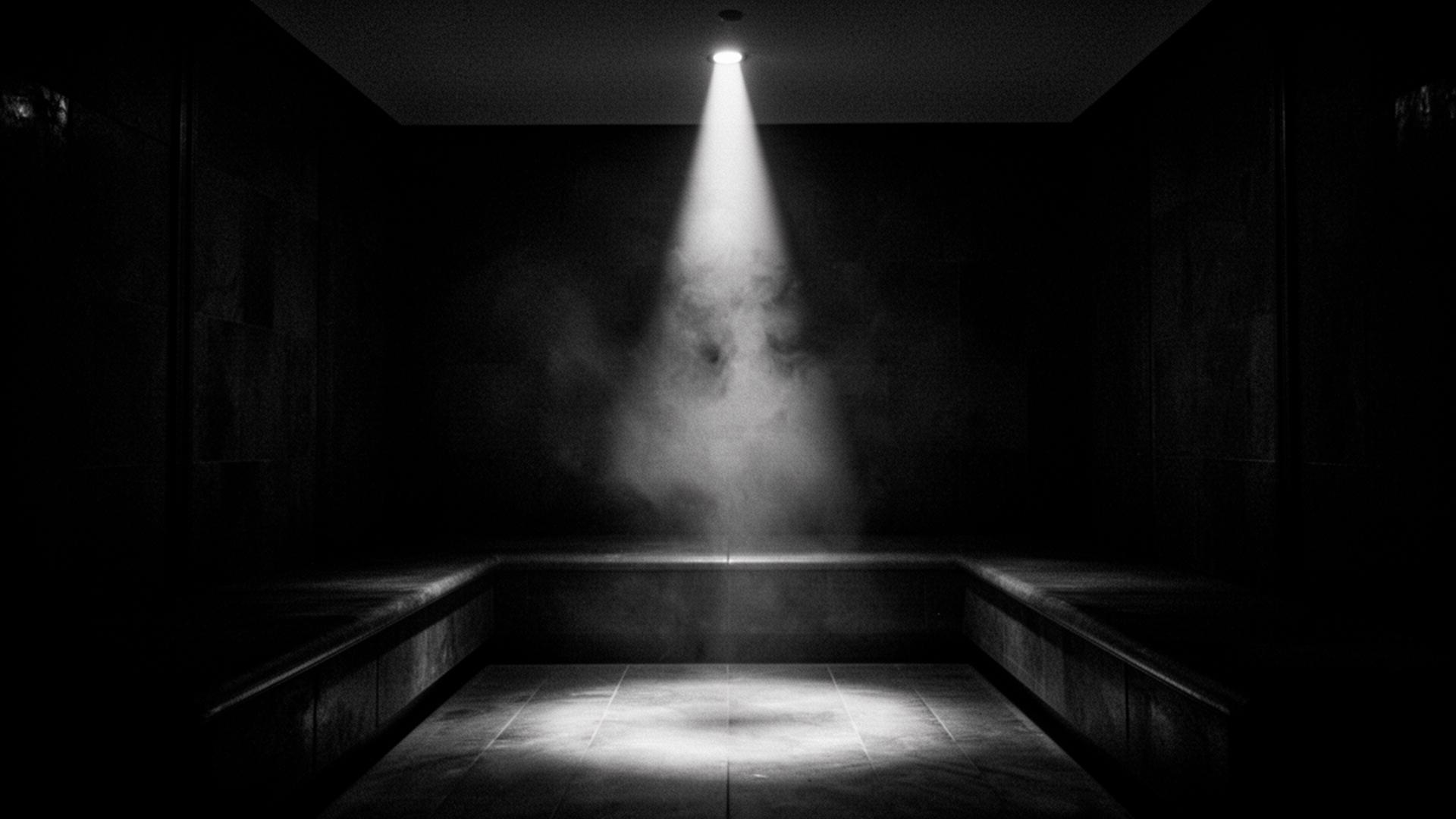 A dim luxury spa interior with a beam of light through steam